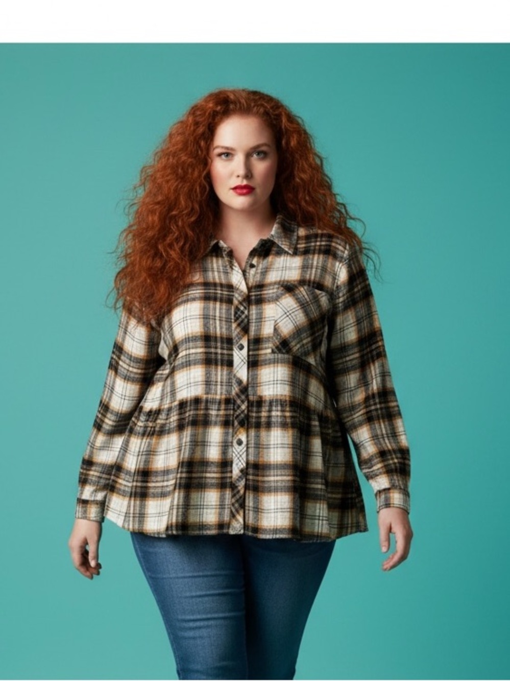 Torrid Brown Gold Plaid Button Front Peplum Crinkled Long Sleeve Blouse Size 3